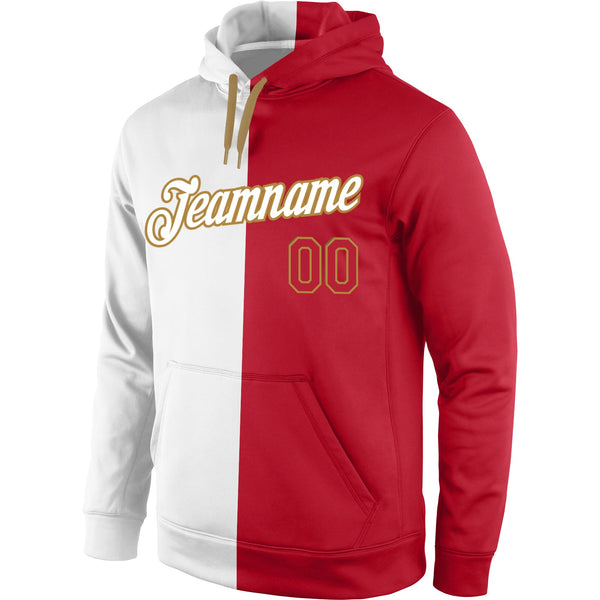 Custom Stitched White Red-Old Gold Split Fashion Sports Pullover Sweatshirt Hoodie alternate