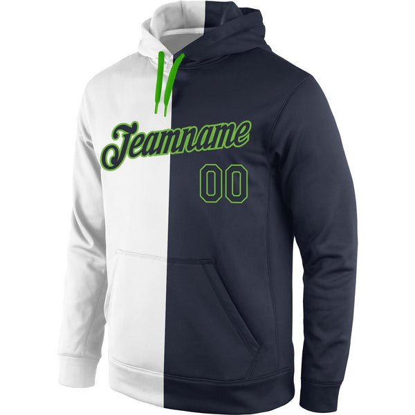 Custom Stitched White Navy-Neon Green Split Fashion Sports Pullover Sweatshirt Hoodie alternate