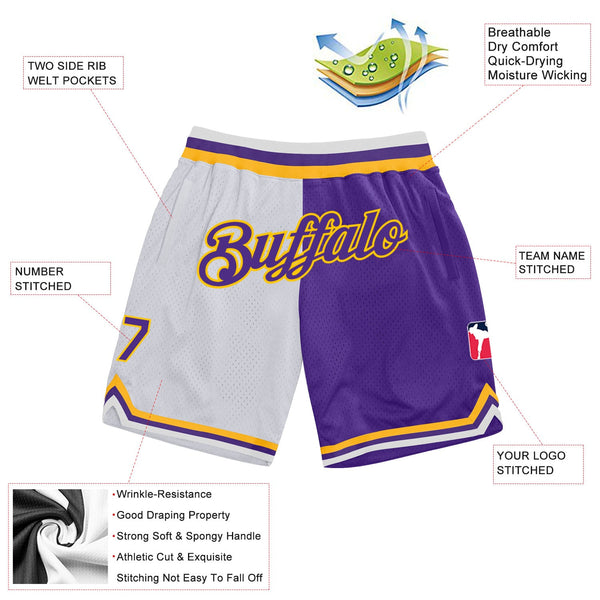 Custom White Purple-Gold Authentic Throwback Split Fashion Basketball Shorts alternate