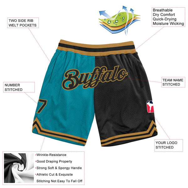 Custom Teal Black-Old Gold Authentic Throwback Split Fashion Basketball Shorts alternate