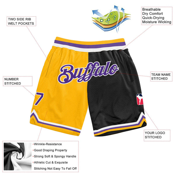 Custom Gold Purple-Black Authentic Throwback Split Fashion Basketball Shorts alternate