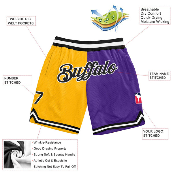 Custom Gold Black-Purple Authentic Throwback Split Fashion Basketball Shorts alternate