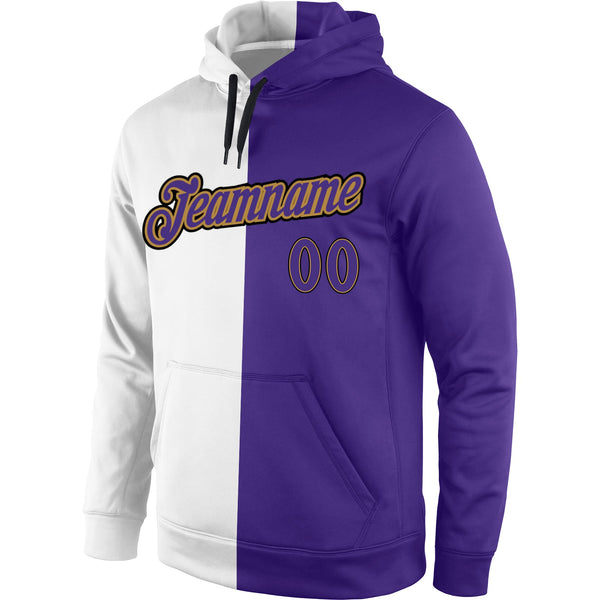 Custom Stitched White Purple-Old Gold Split Fashion Sports Pullover Sweatshirt Hoodie alternate
