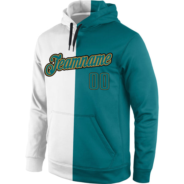 Custom Stitched White Aqua-Old Gold Split Fashion Sports Pullover Sweatshirt Hoodie alternate