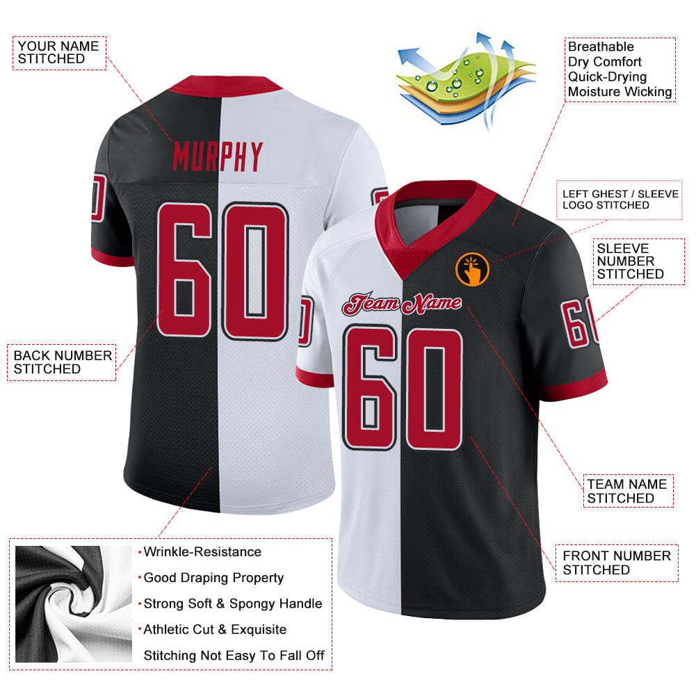 Custom Black Red-White Split Fashion Football Jersey - Front
