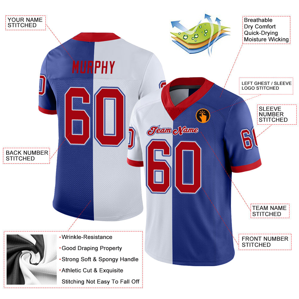 Custom Royal Red-White Split Fashion Football Jersey - Front