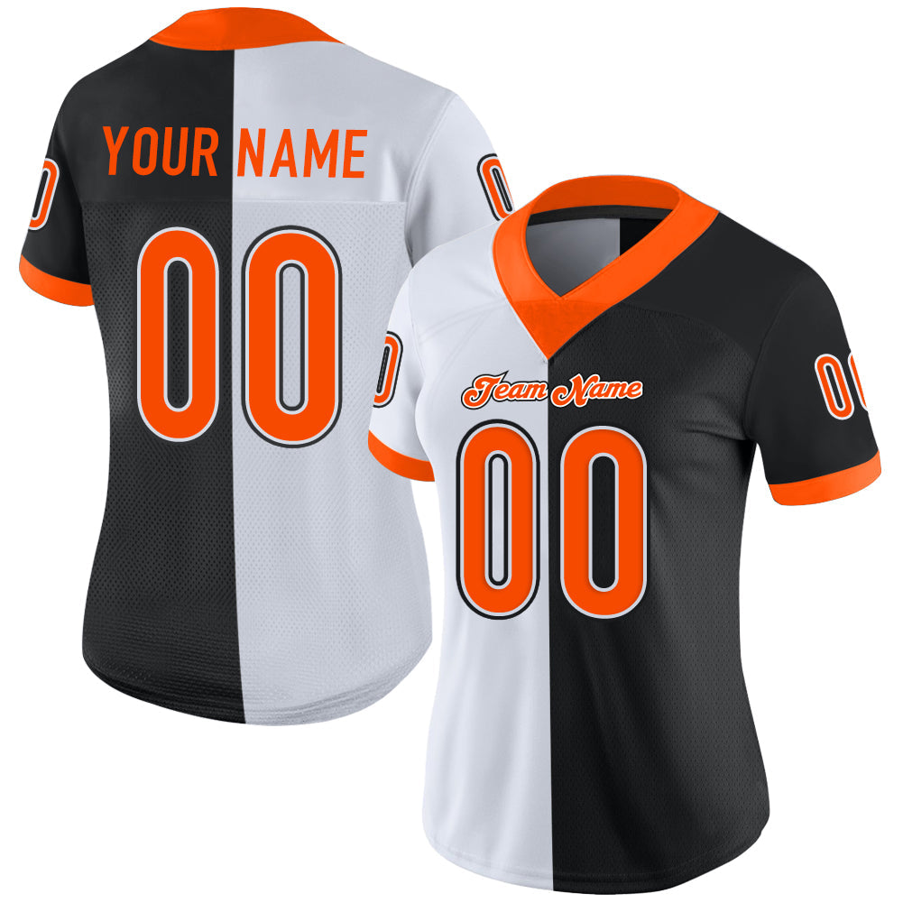 Custom Black Orange-White Split Fashion Football Jersey - Back