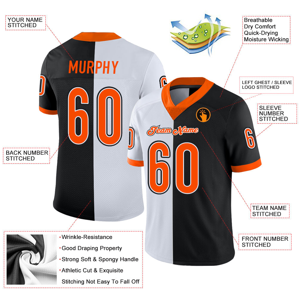 Custom Black Orange-White Split Fashion Football Jersey - Front