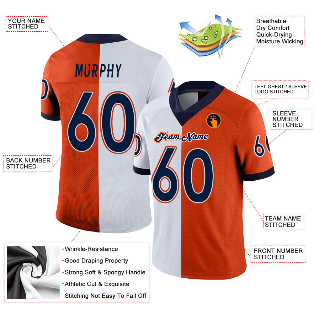 Custom Orange Navy-White Split Fashion Football Jersey - Front