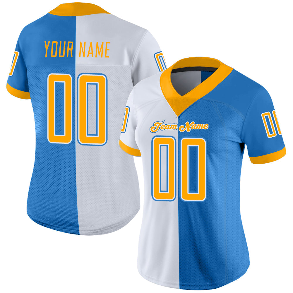 Custom Powder Blue Gold-White Split Fashion Football Jersey - Back