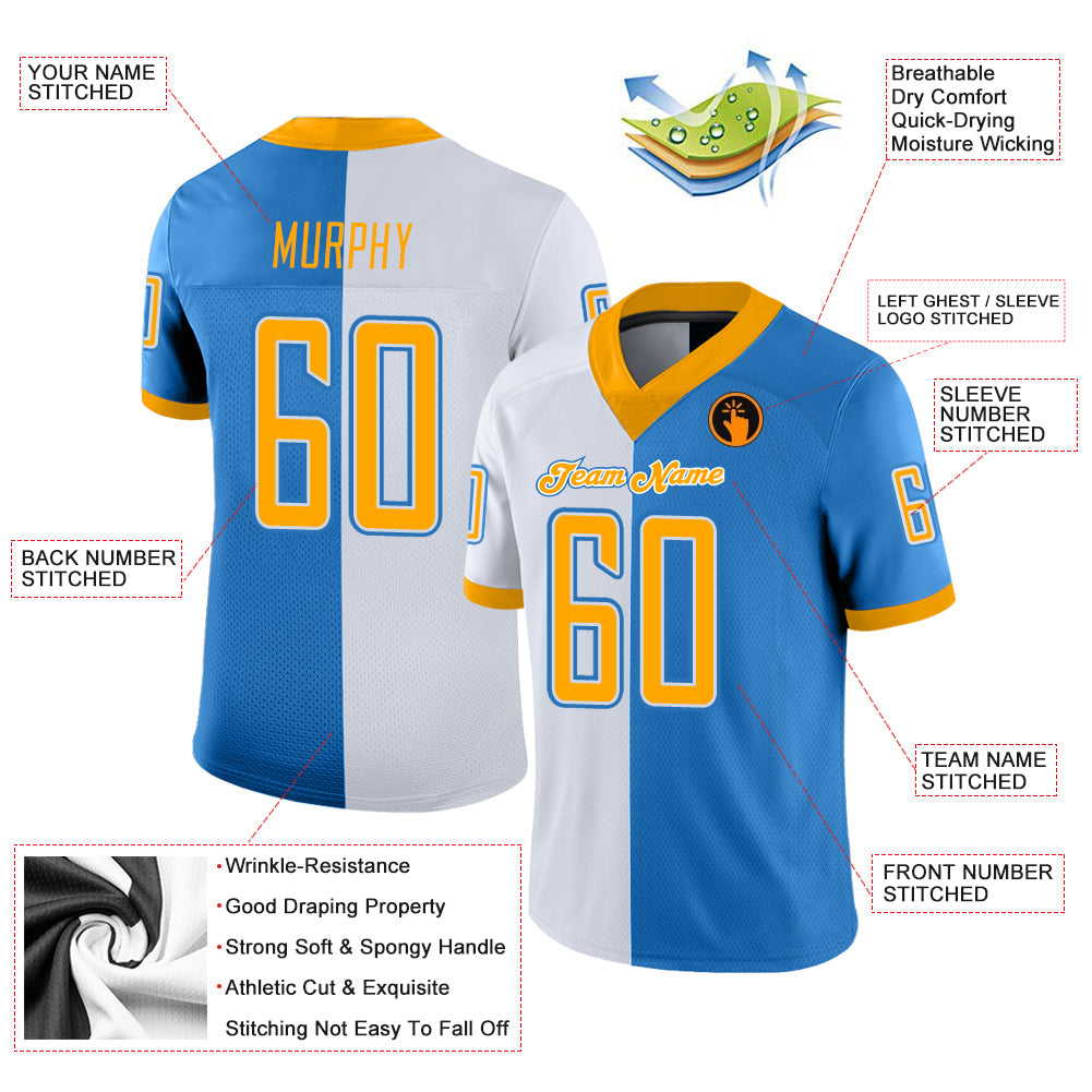 Custom Powder Blue Gold-White Split Fashion Football Jersey - Front