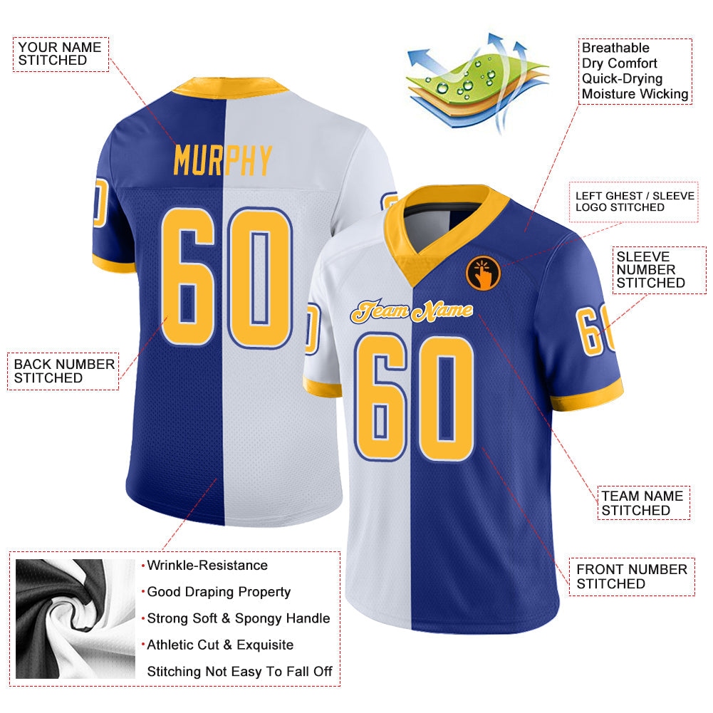Custom Royal Gold-White Split Fashion Football Jersey - Front