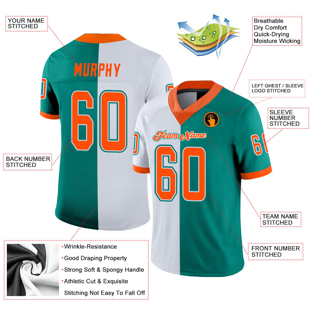 Custom Aqua Orange-White Split Fashion Football Jersey - Front