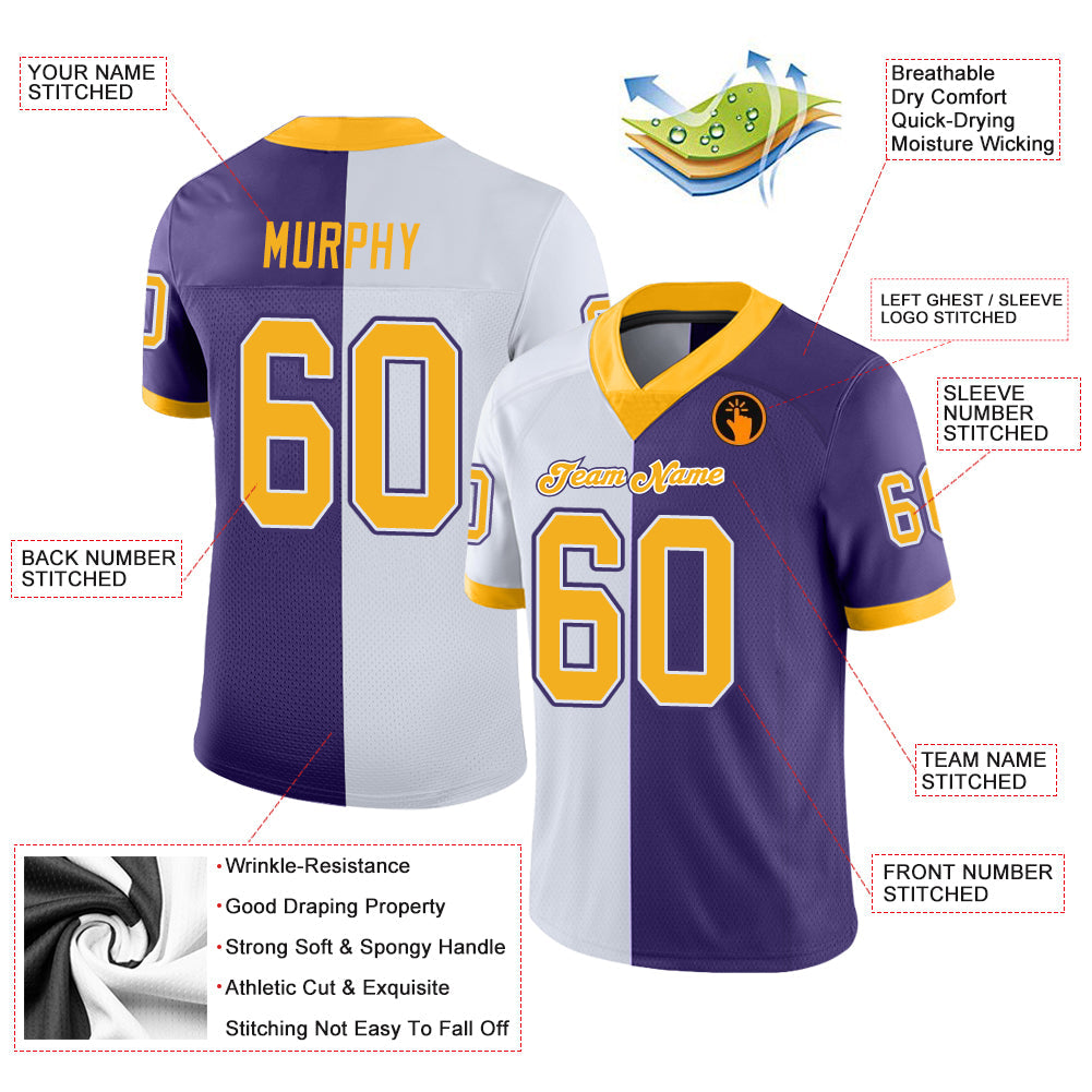 Custom Purple Gold-White Split Fashion Football Jersey - Front