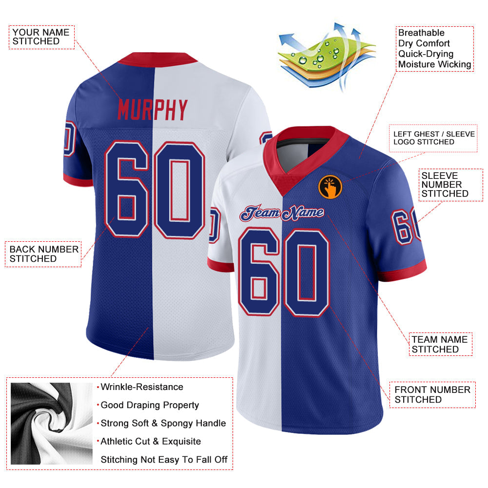 Custom White Royal-Scarlet Split Fashion Football Jersey - Front