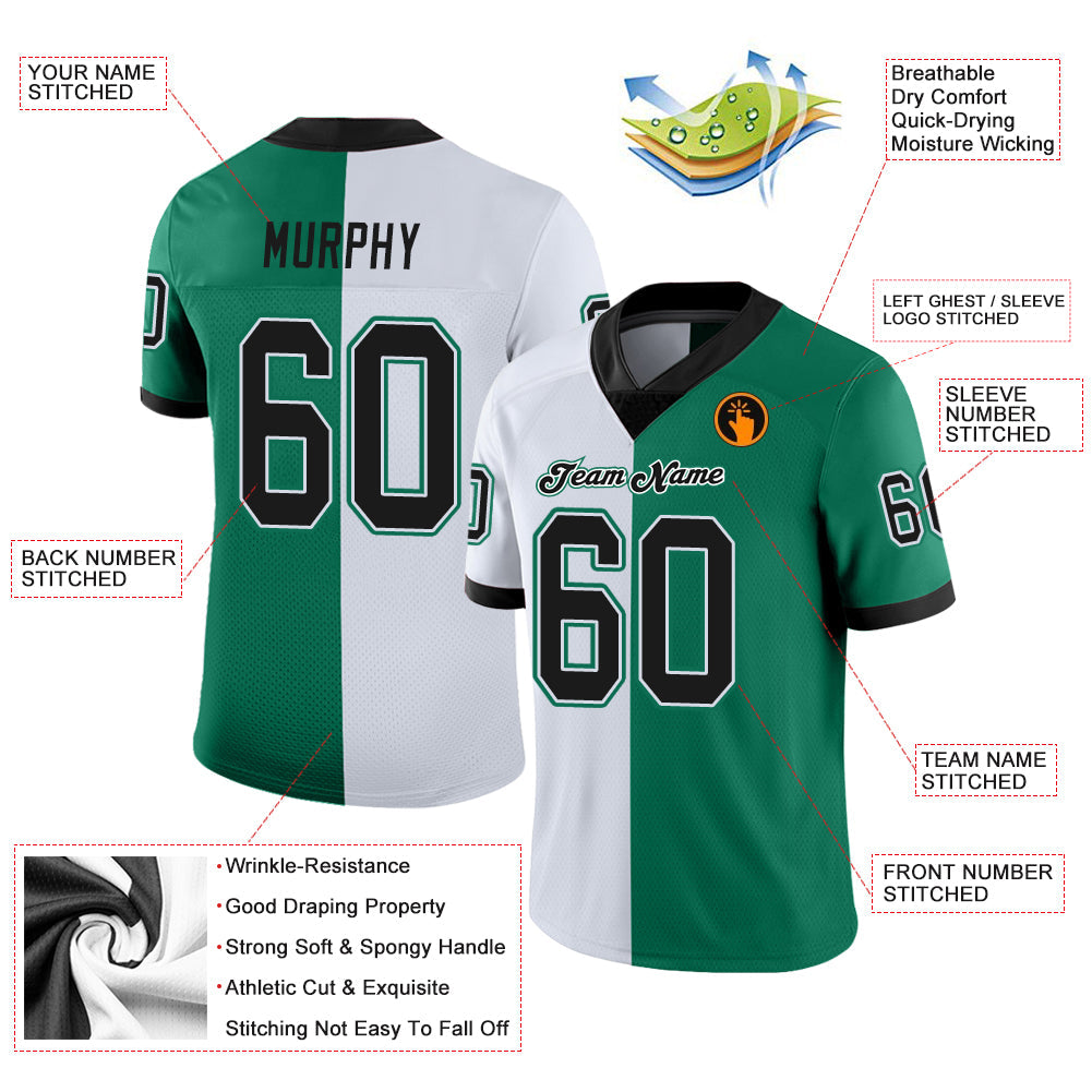 Custom Kelly Green Black-White Split Fashion Football Jersey - Front