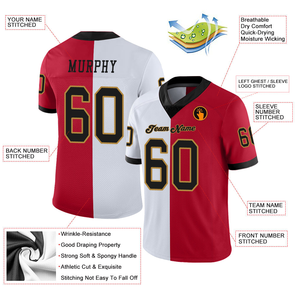 Custom Red Black-White Split Fashion Football Jersey - Front