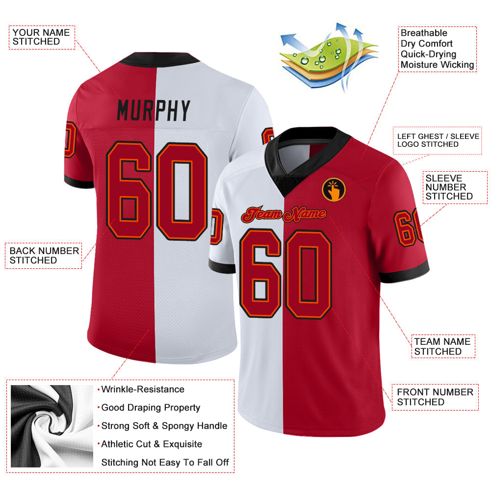 Custom White Red-Black Split Fashion Football Jersey - Front