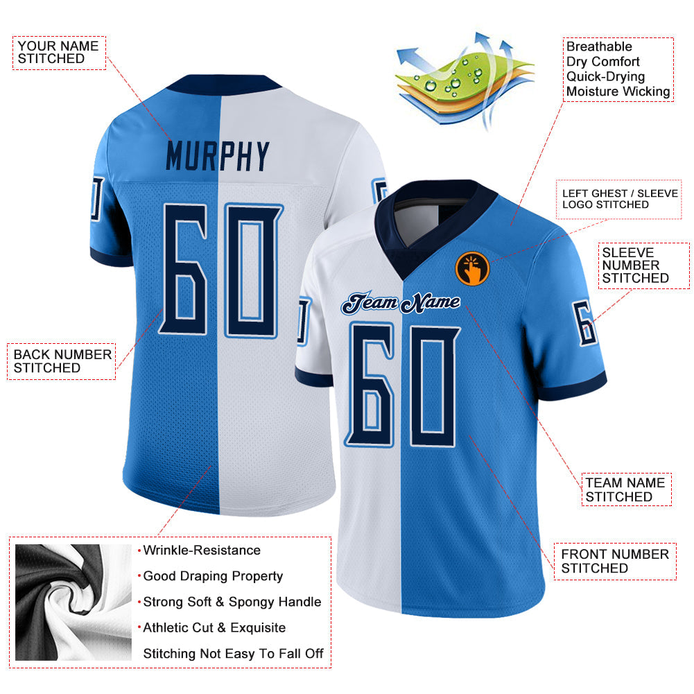 Custom Powder Blue Navy-White Split Fashion Football Jersey - Front