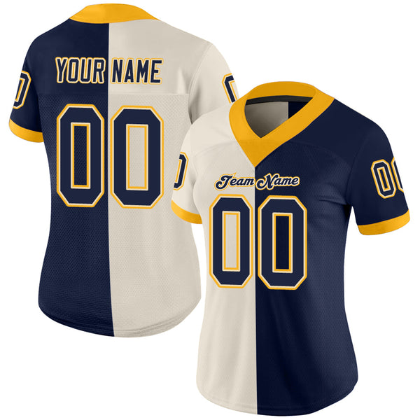 Custom Cream Navy-Gold Split Fashion Football Jersey alternate