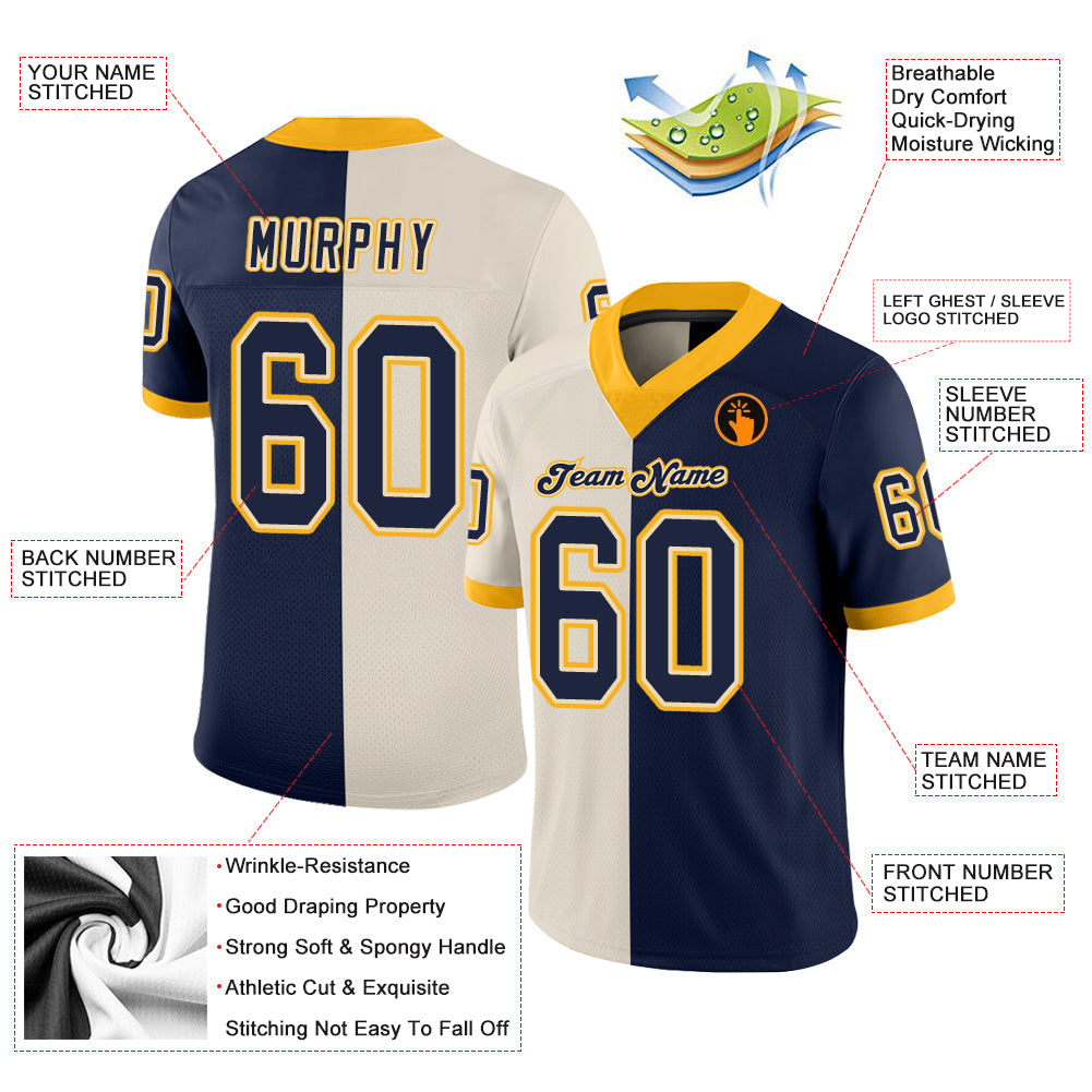 Custom Cream Navy-Gold Split Fashion Football Jersey - Front