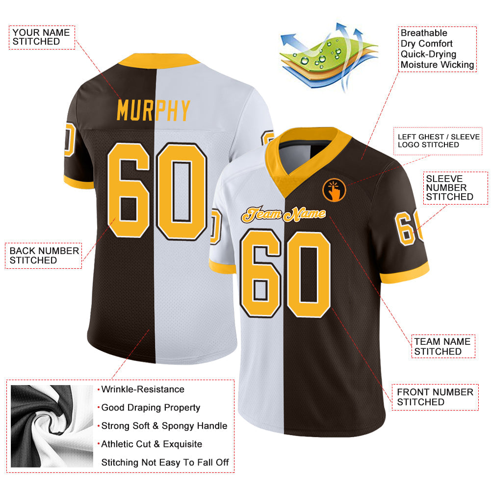 Custom Brown Gold-White Split Fashion Football Jersey - Front