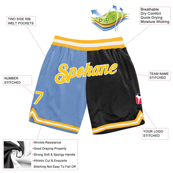 Custom Light Blue Gold-Black Authentic Throwback Split Fashion Basketball Shorts alternate