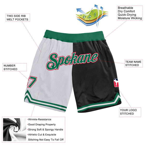 Custom White Kelly Green-Black Authentic Throwback Split Fashion Basketball Shorts alternate