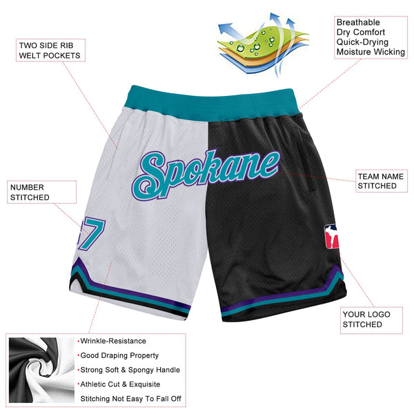 Custom White Teal-Black Authentic Throwback Split Fashion Basketball Shorts alternate