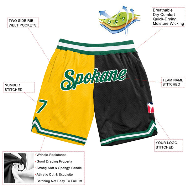 Custom Gold Kelly Green-Black Authentic Throwback Split Fashion Basketball Shorts alternate