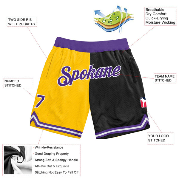 Custom Gold Purple-Black Authentic Throwback Split Fashion Basketball Shorts alternate