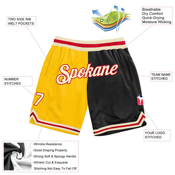 Custom Gold Cream-Black Authentic Throwback Split Fashion Basketball Shorts alternate