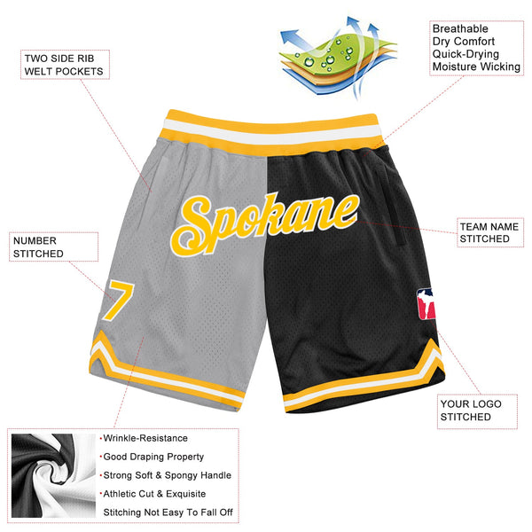 Custom Gray Gold-Black Authentic Throwback Split Fashion Basketball Shorts alternate