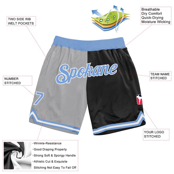 Custom Gray Light Blue-Black Authentic Throwback Split Fashion Basketball Shorts alternate