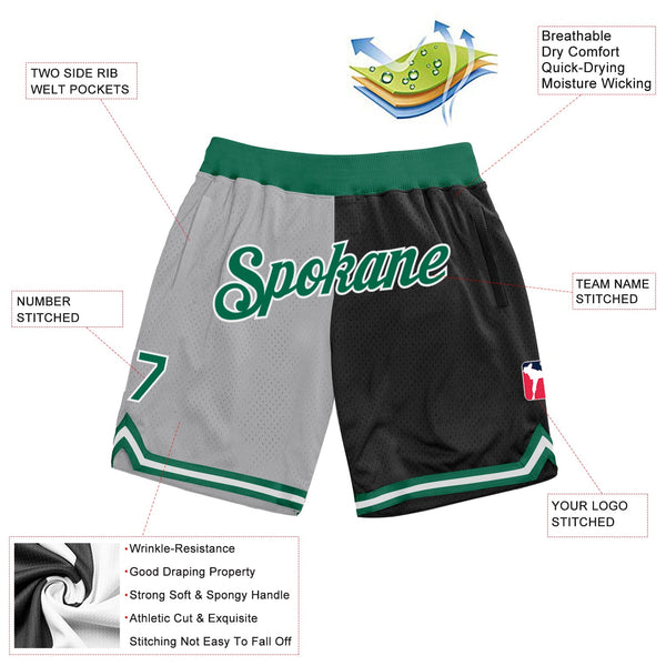 Custom Gray Kelly Green-Black Authentic Throwback Split Fashion Basketball Shorts alternate