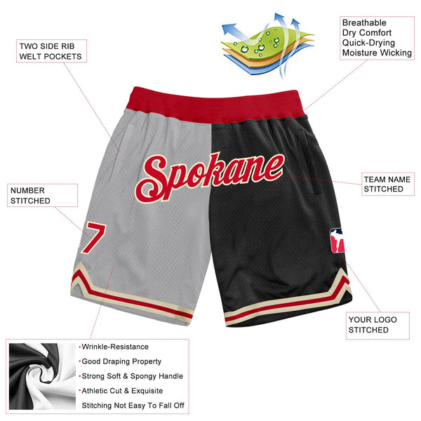 Custom Gray Red-Black Authentic Throwback Split Fashion Basketball Shorts alternate