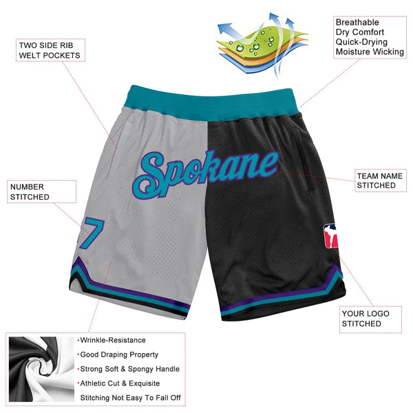Custom Gray Teal-Black Authentic Throwback Split Fashion Basketball Shorts alternate