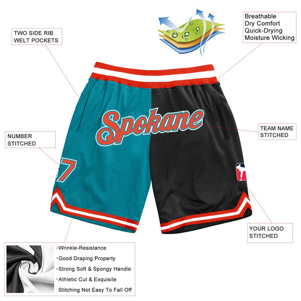 Custom Teal Orange-Black Authentic Throwback Split Fashion Basketball Shorts alternate