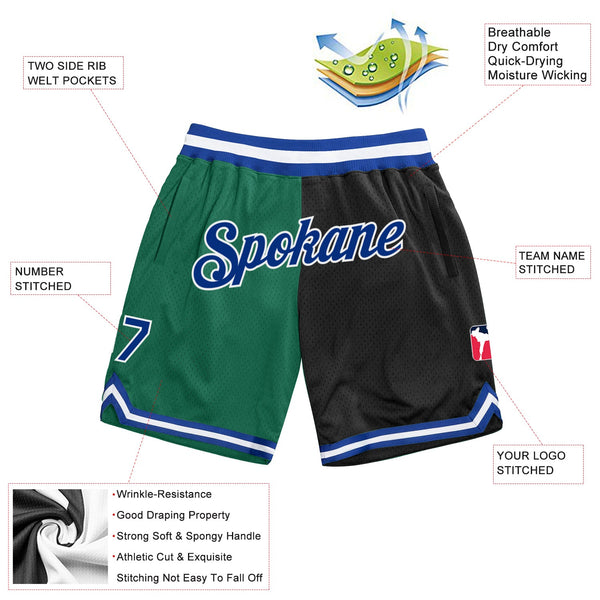 Custom Kelly Green Royal-Black Authentic Throwback Split Fashion Basketball Shorts alternate