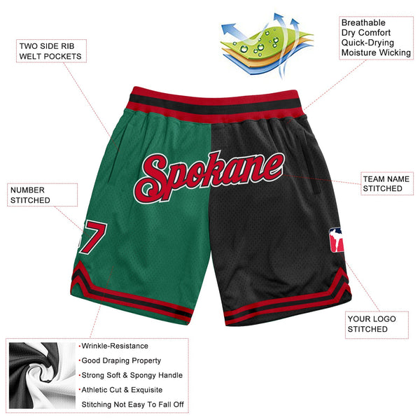 Custom Kelly Green Red-Black Authentic Throwback Split Fashion Basketball Shorts alternate