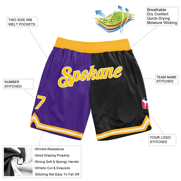 Custom Purple Gold-Black Authentic Throwback Split Fashion Basketball Shorts alternate