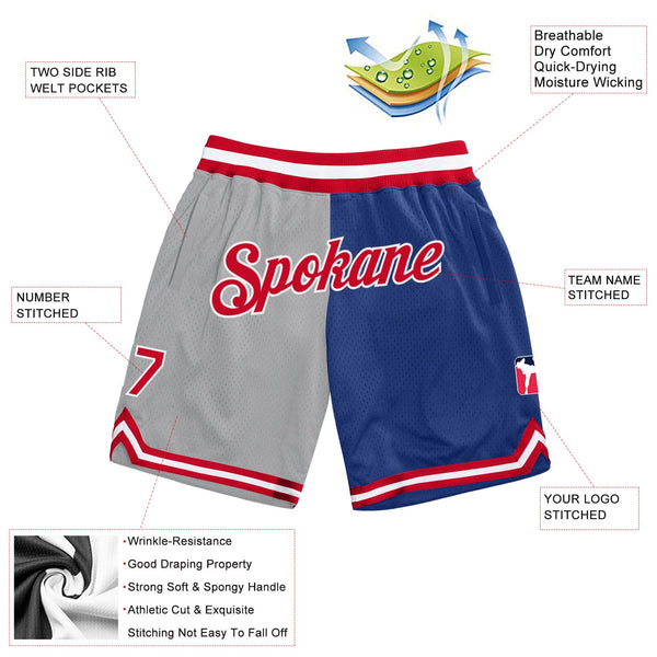Custom Gray Red-Royal Authentic Throwback Split Fashion Basketball Shorts alternate