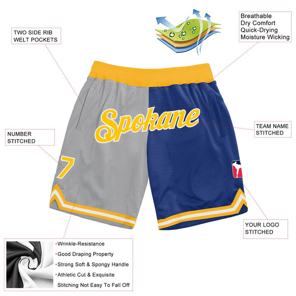 Custom Gray Gold-Royal Authentic Throwback Split Fashion Basketball Shorts alternate