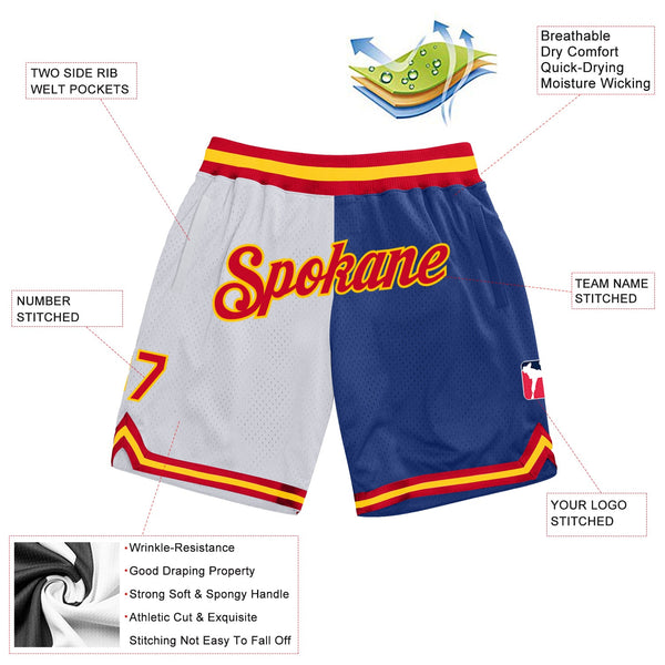 Custom Gray Red-Royal Authentic Throwback Split Fashion Basketball Shorts alternate