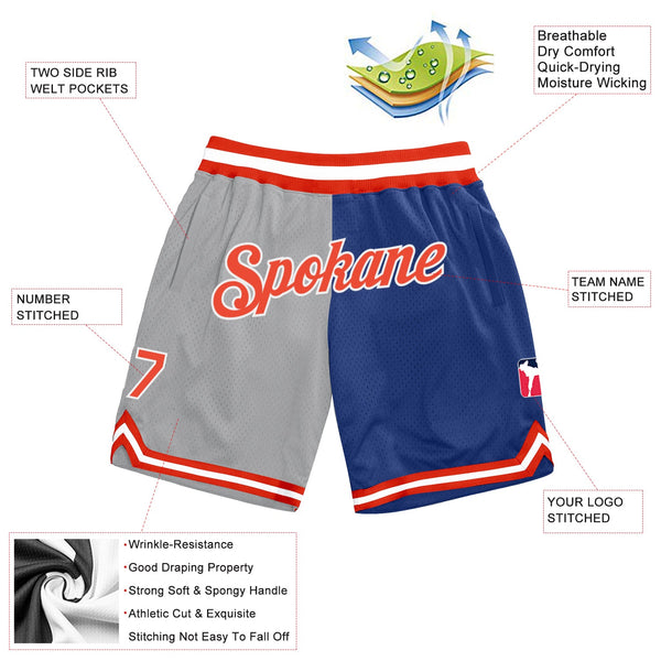 Custom Gray Orange-Royal Authentic Throwback Split Fashion Basketball Shorts alternate