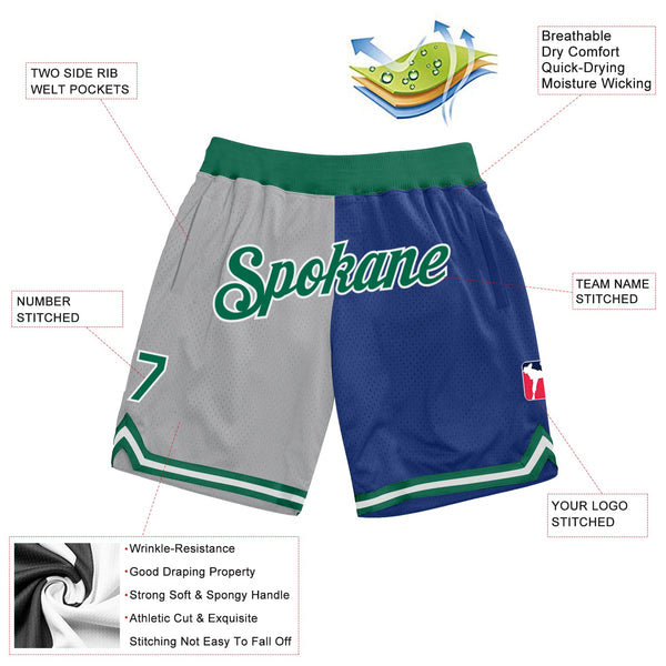 Custom Gray Kelly Green-Royal Authentic Throwback Split Fashion Basketball Shorts alternate