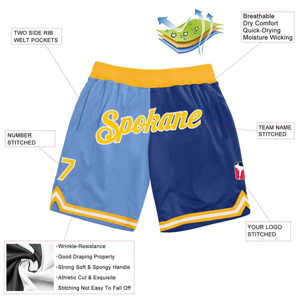 Custom Light Blue Gold-Royal Authentic Throwback Split Fashion Basketball Shorts alternate