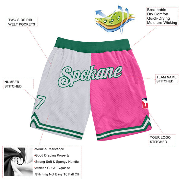 Custom Pink White-Kelly Green Authentic Throwback Split Fashion Basketball Shorts alternate
