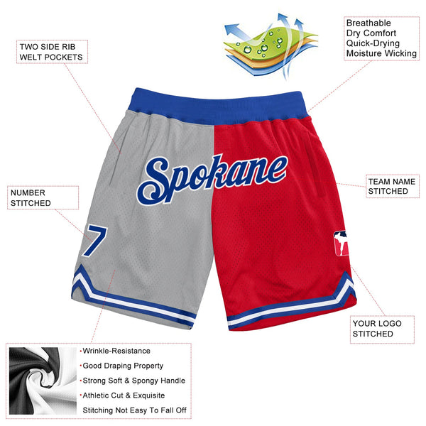 Custom Gray Royal-Red Authentic Throwback Split Fashion Basketball Shorts alternate
