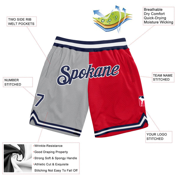 Custom Gray Navy-Red Authentic Throwback Split Fashion Basketball Shorts alternate